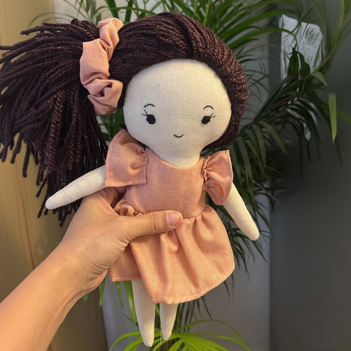 Hand holding a plush toy with brown hair and a pink dress in front of green plants